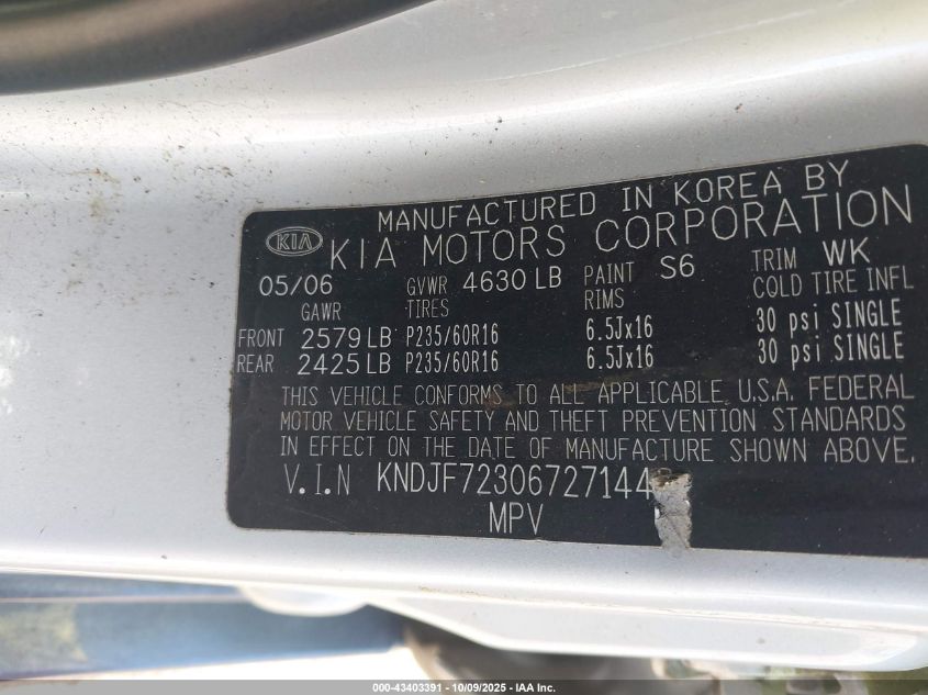 2006 Kia Sportage Ex V6/Lx V6 VIN: KNDJF723067271448 Lot: 43403391