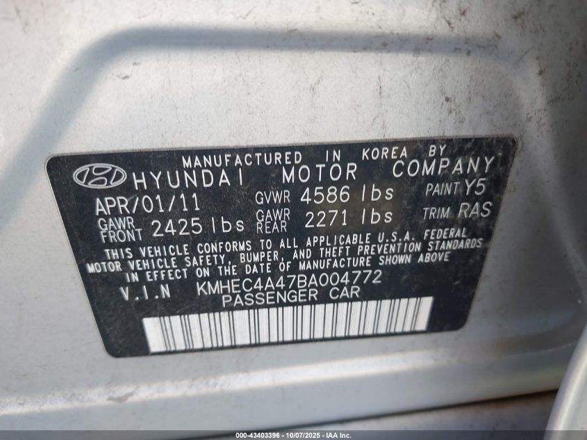 2011 Hyundai Sonata Hybrid VIN: KMHEC4A47BA004772 Lot: 43403396