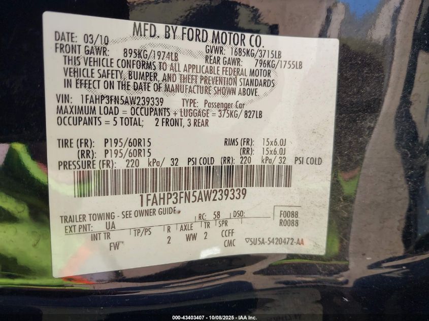 2010 Ford Focus Se VIN: 1FAHP3FN5AW239339 Lot: 43403407