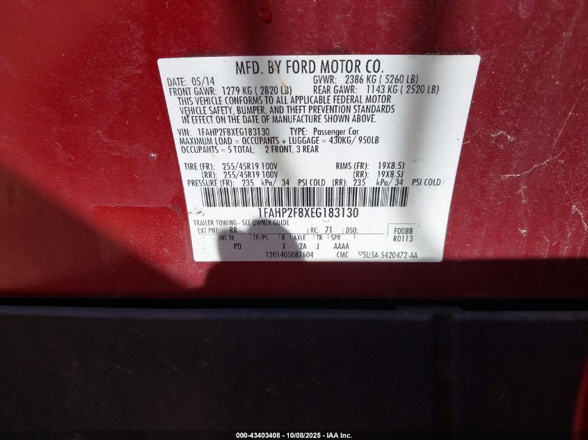 2014 Ford Taurus Limited VIN: 1FAHP2F8XEG183130 Lot: 43403408