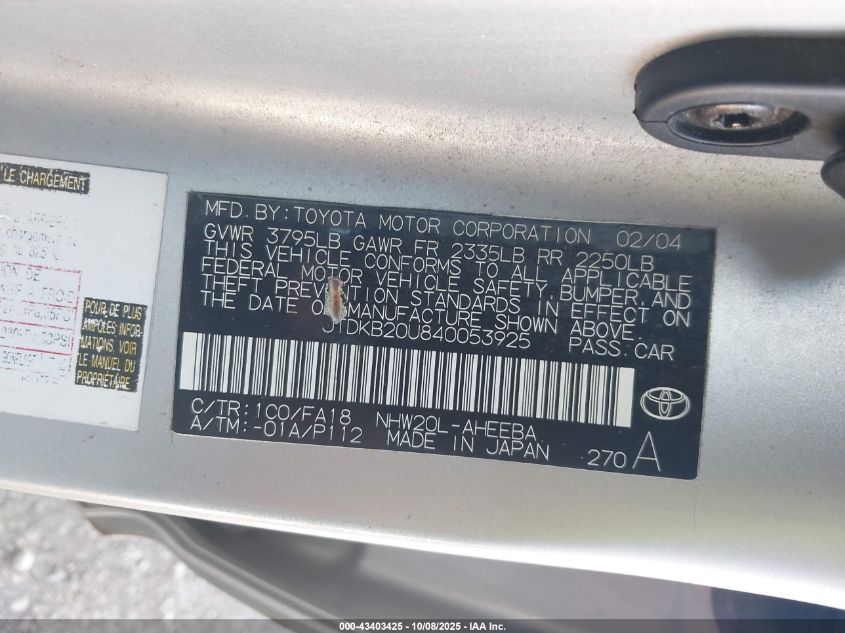 2004 Toyota Prius VIN: JTDKB20U840053925 Lot: 43403425