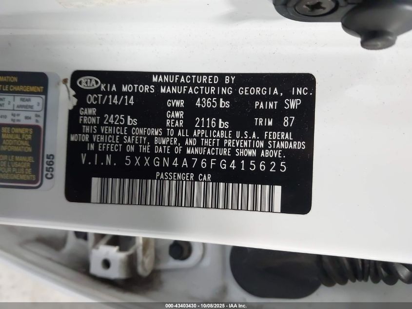 2015 Kia Optima Ex VIN: 5XXGN4A76FG415625 Lot: 43403430