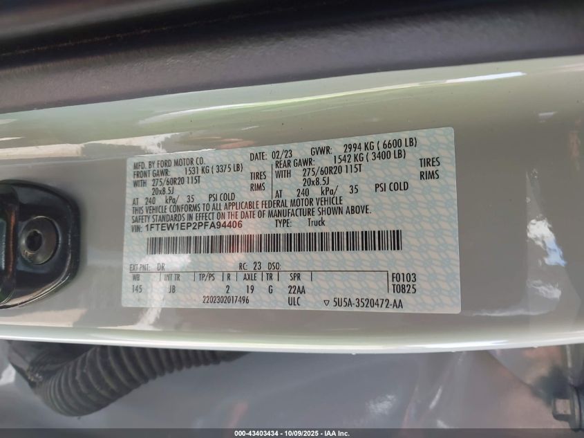 2023 Ford F-150 Xl VIN: 1FTEW1EP2PFA94406 Lot: 43403434