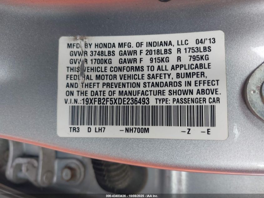 2013 Honda Civic Lx VIN: 19XFB2F5XDE236493 Lot: 43403436