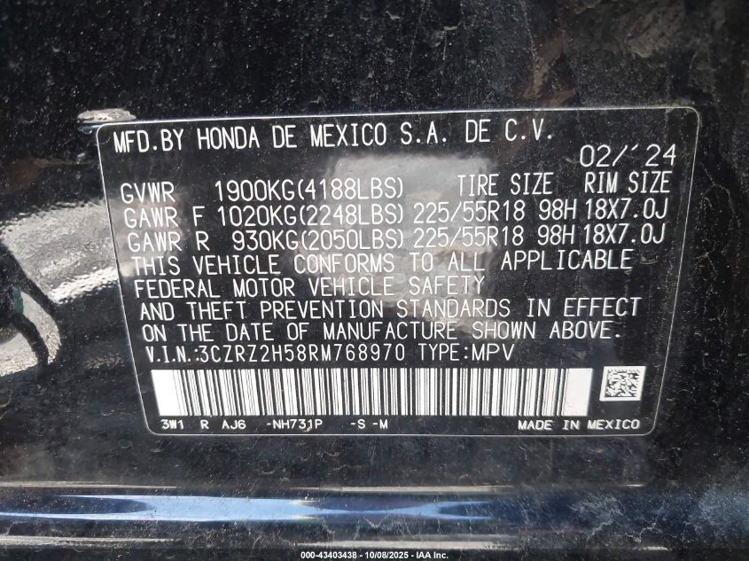 2024 Honda Hr-V Awd Sport/Awd Sport W/O Bsi VIN: 3CZRZ2H58RM768970 Lot: 43403438