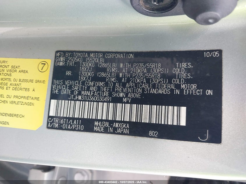 2006 Lexus Rx 400H VIN: JTJHW31U360030491 Lot: 43403442