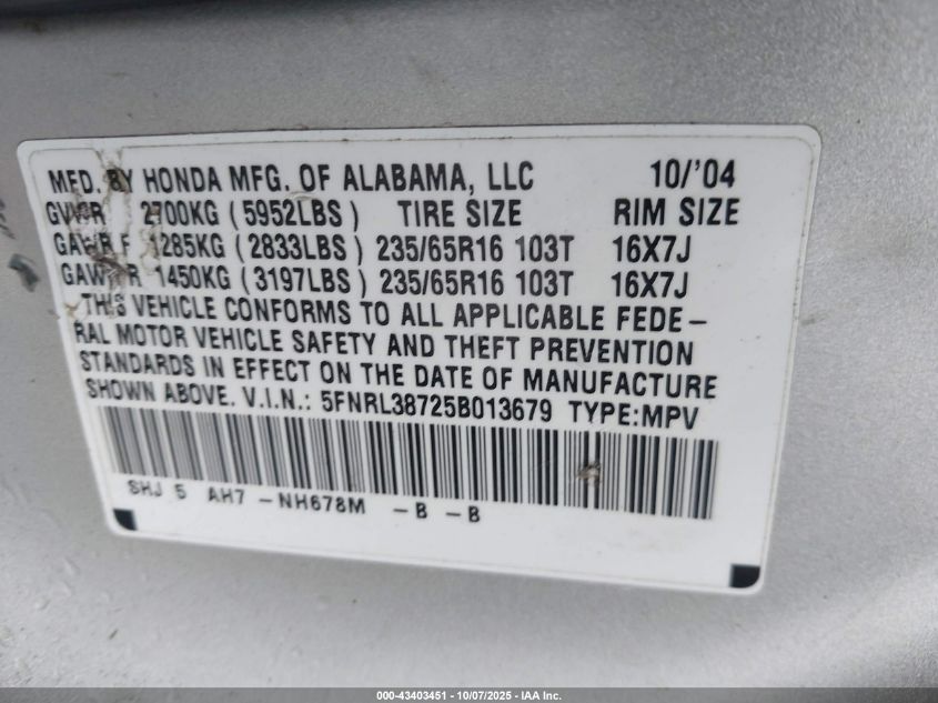 2005 Honda Odyssey Ex-L VIN: 5FNRL38725B013679 Lot: 43403451