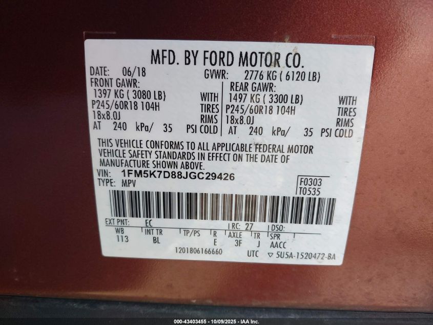 2018 Ford Explorer Xlt VIN: 1FM5K7D88JGC29426 Lot: 43403455