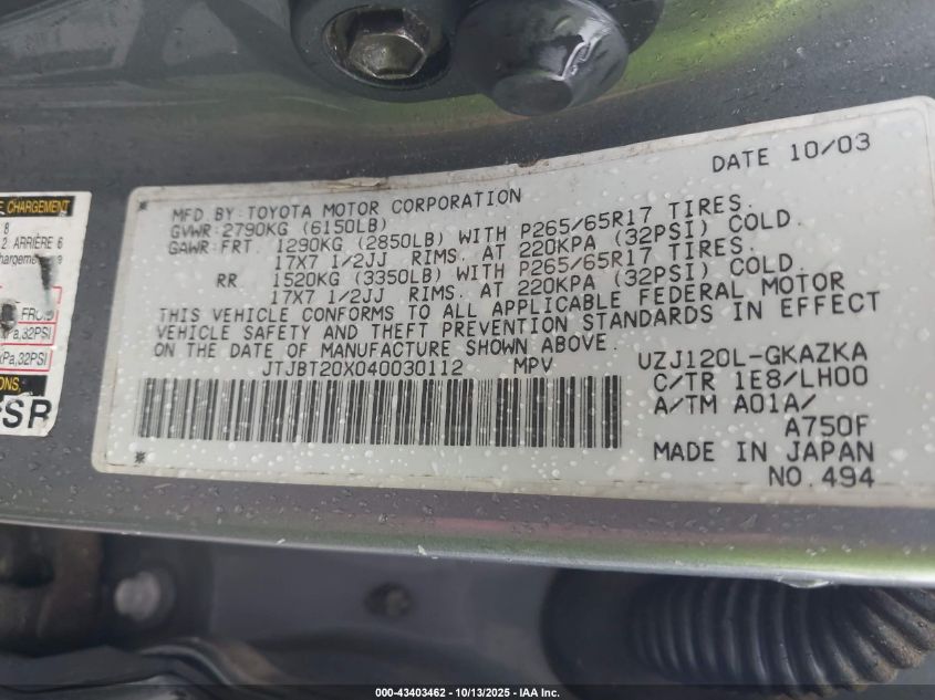 2004 Lexus Gx 470 VIN: JTJBT20X040030112 Lot: 43403462