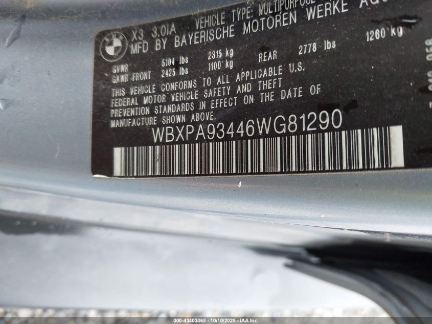 2006 BMW X3 3.0I VIN: WBXPA93446WG81290 Lot: 43403468