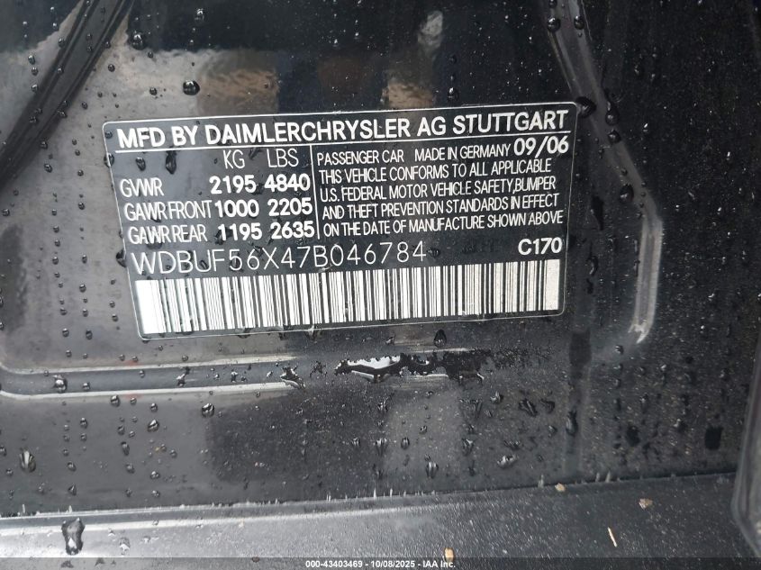 2007 Mercedes-Benz E 350 VIN: WDBUF56X47B046784 Lot: 43403469