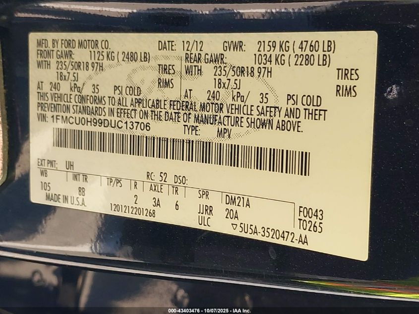 2013 Ford Escape Sel VIN: 1FMCU0H99DUC13706 Lot: 43403476