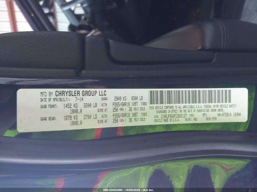 2015 Jeep Grand Cherokee Laredo VIN: 1C4RJFAGXFC603127 Lot: 43403480