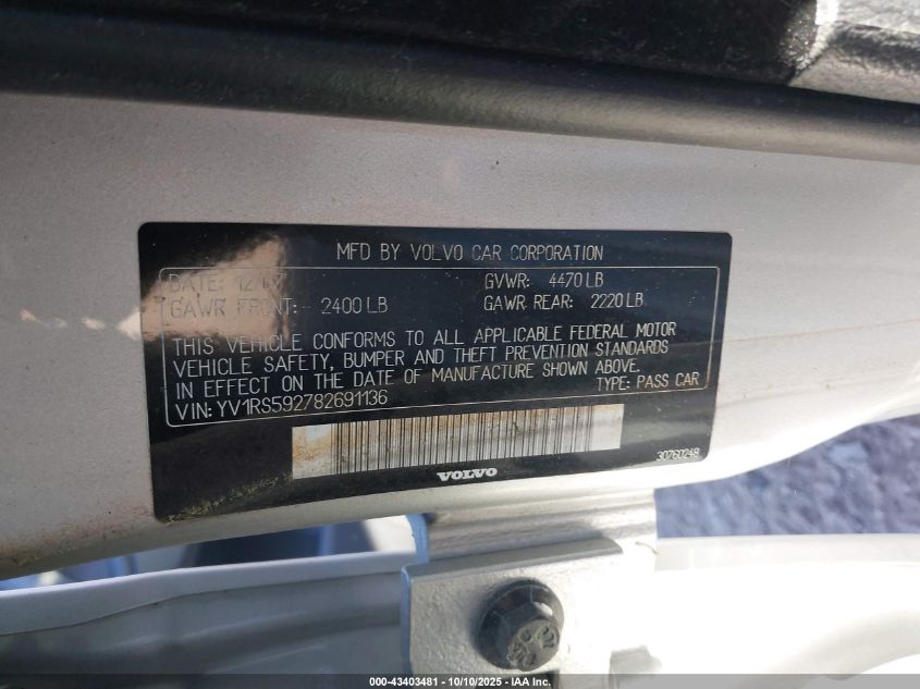 2008 Volvo S60 2.5T VIN: YV1RS592782691136 Lot: 43403481