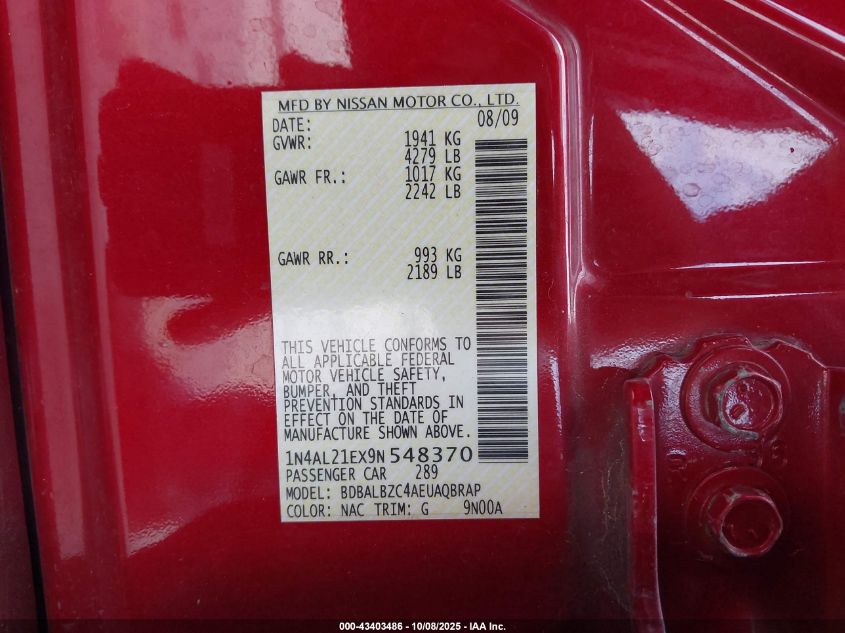 2009 Nissan Altima 2.5 S VIN: 1N4AL21EX9N548370 Lot: 43403486