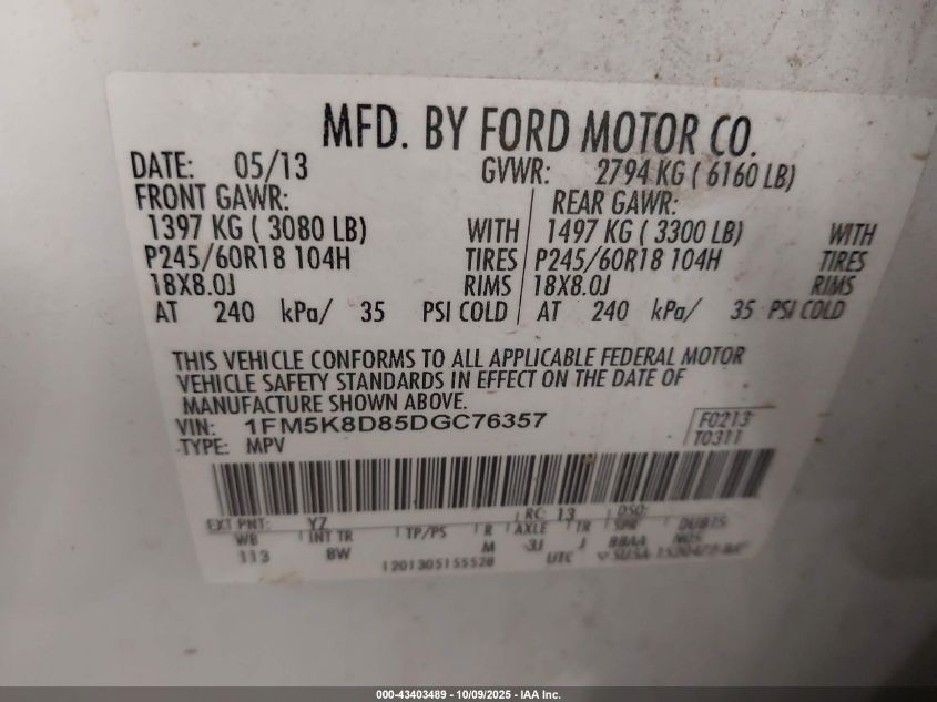 2013 Ford Explorer Xlt VIN: 1FM5K8D85DGC76357 Lot: 43403489