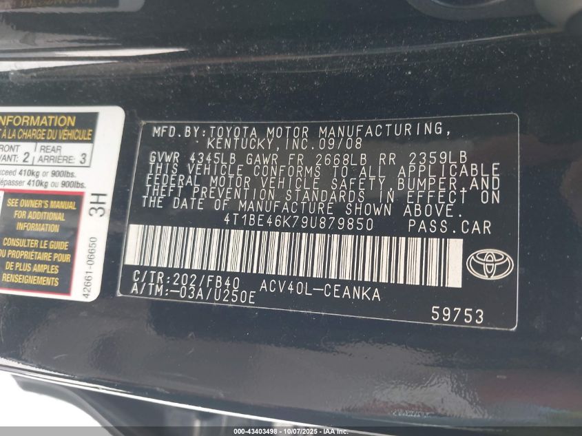 2009 Toyota Camry Le VIN: 4T1BE46K79U879850 Lot: 43403498