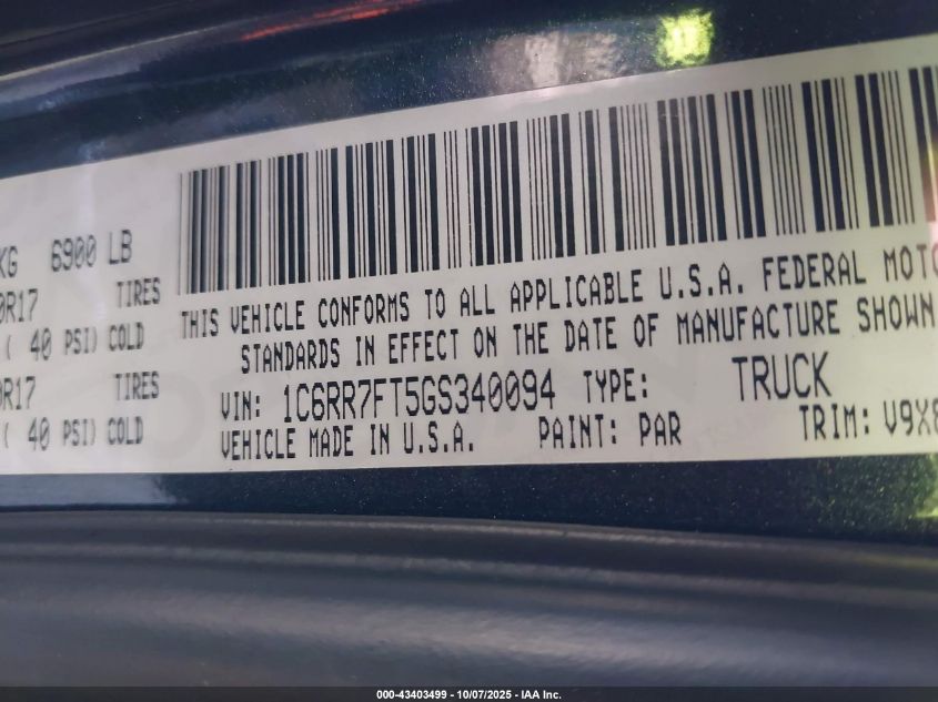 2016 Ram 1500 Express VIN: 1C6RR7FT5GS340094 Lot: 43403499