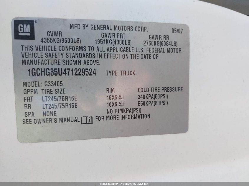 2007 Chevrolet Express Work Van VIN: 1GCHG35U471229524 Lot: 43403501