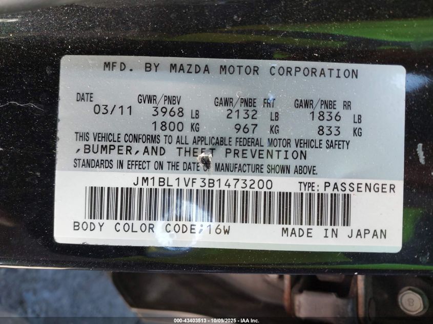 2011 Mazda Mazda3 I Touring VIN: JM1BL1VF3B1473200 Lot: 43403513