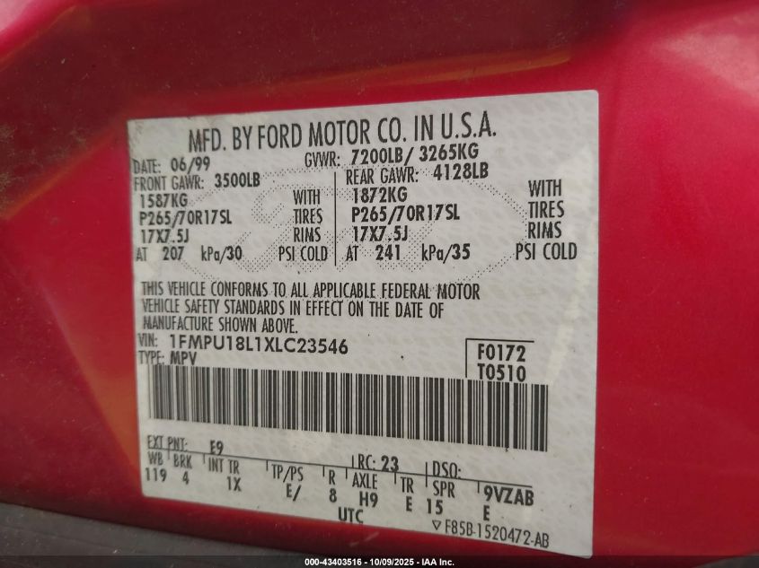 1999 Ford Expedition Eddie Bauer/Xlt VIN: 1FMPU18L1XLC23546 Lot: 43403516