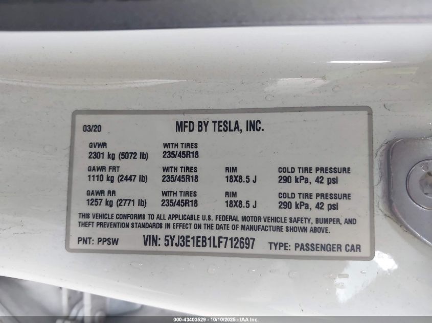 2020 Tesla Model 3 Long Range Dual Motor All-Wheel Drive VIN: 5YJ3E1EB1LF712697 Lot: 43403529