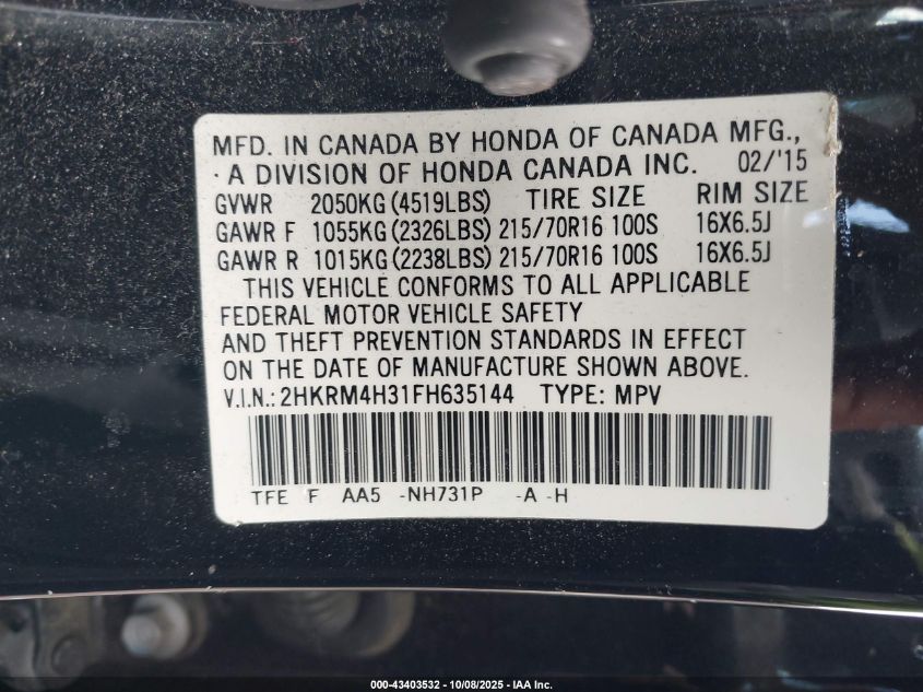 2015 Honda Cr-V Lx VIN: 2HKRM4H31FH635144 Lot: 43403532