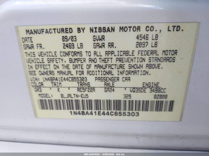 2004 Nissan Maxima 3.5 Se VIN: 1N4BA41E44C855303 Lot: 43403538