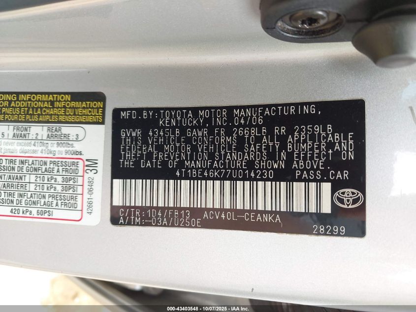 2007 Toyota Camry Ce VIN: 4T1BE46K77U014230 Lot: 43403548