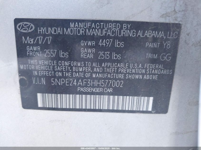 2017 Hyundai Sonata VIN: 5NPE24AF3HH577002 Lot: 43403557