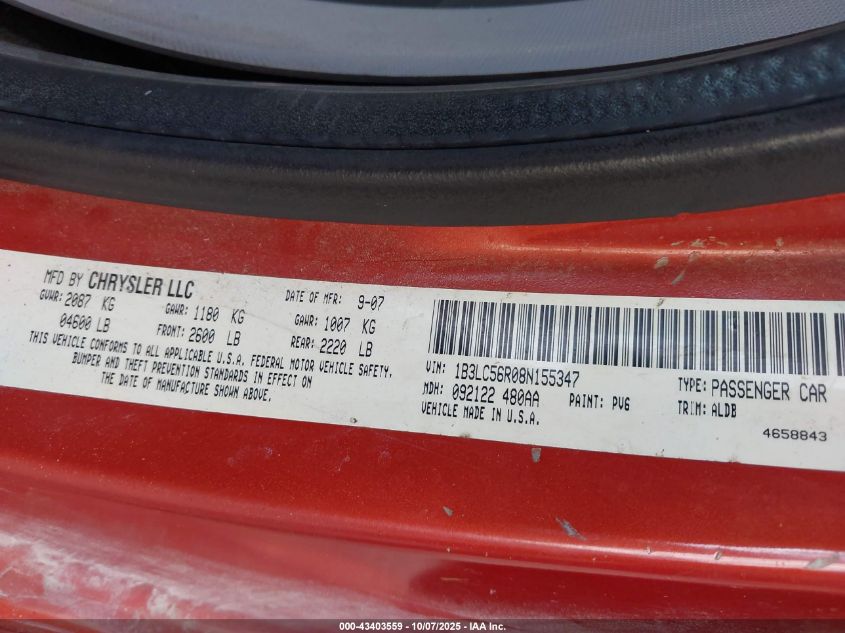 2008 Dodge Avenger Sxt VIN: 1B3LC56R08N155347 Lot: 43403559