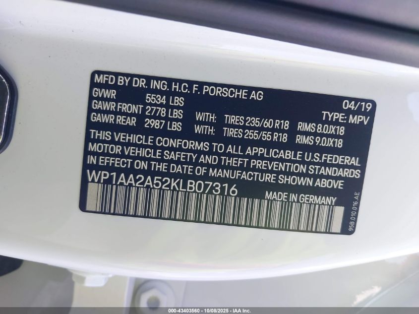 2019 Porsche Macan VIN: WP1AA2A52KLB07316 Lot: 43403560