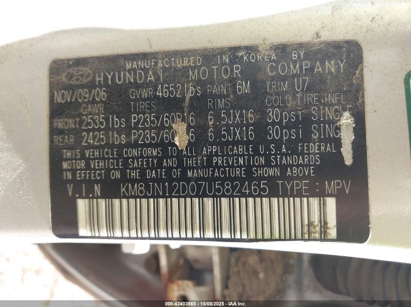 2007 Hyundai Tucson Limited/Se VIN: KM8JN12D07U582465 Lot: 43403565