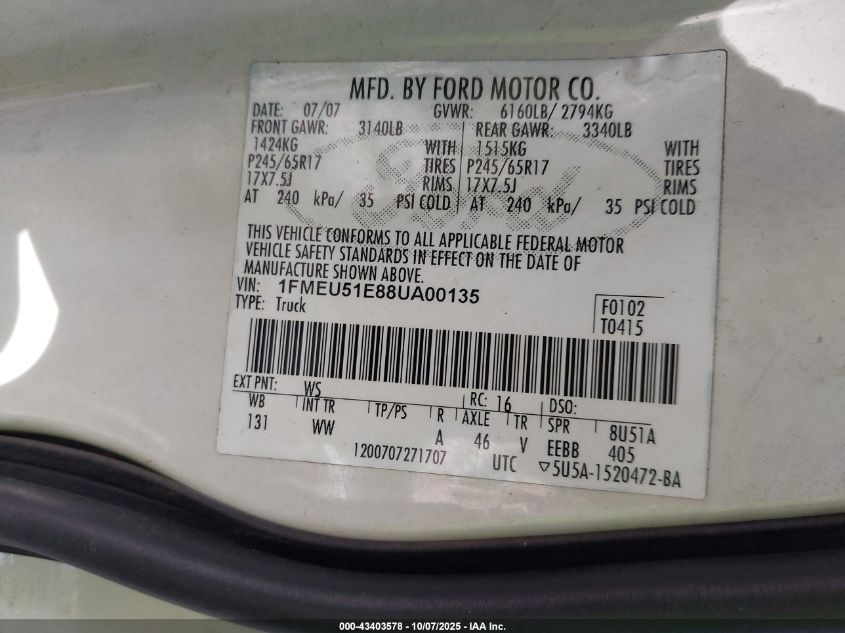 2008 Ford Explorer Sport Trac Xlt VIN: 1FMEU51E88UA00135 Lot: 43403578