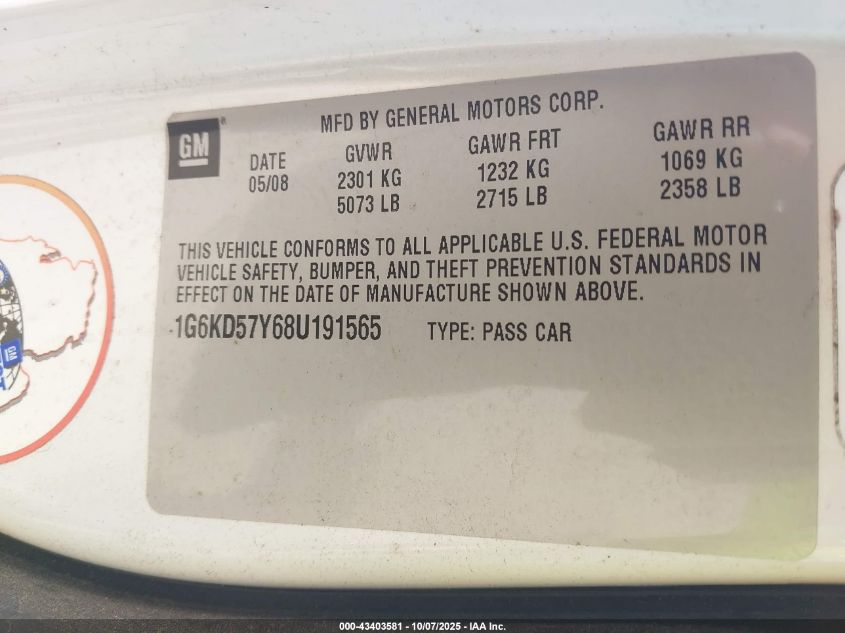 2008 Cadillac Dts 1Sd VIN: 1G6KD57Y68U191565 Lot: 43403581