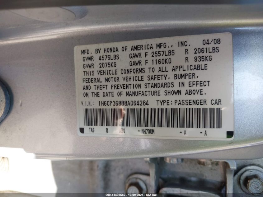 2008 Honda Accord 3.5 Ex-L VIN: 1HGCP36888A064284 Lot: 43403582