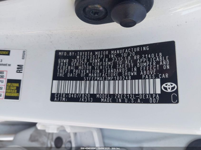 2021 Toyota Corolla Le VIN: 5YFEPMAE3MP180248 Lot: 43403590