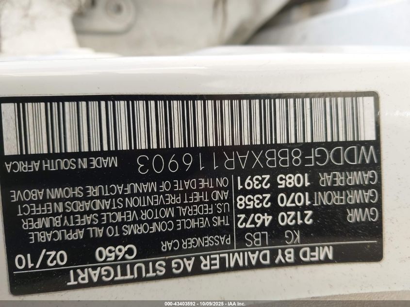 2010 Mercedes-Benz C 300 Luxury 4Matic/Sport 4Matic VIN: WDDGF8BBXAR116903 Lot: 43403592