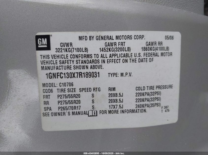 2007 Chevrolet Tahoe Ltz VIN: 1GNFC130X7R189031 Lot: 43403595