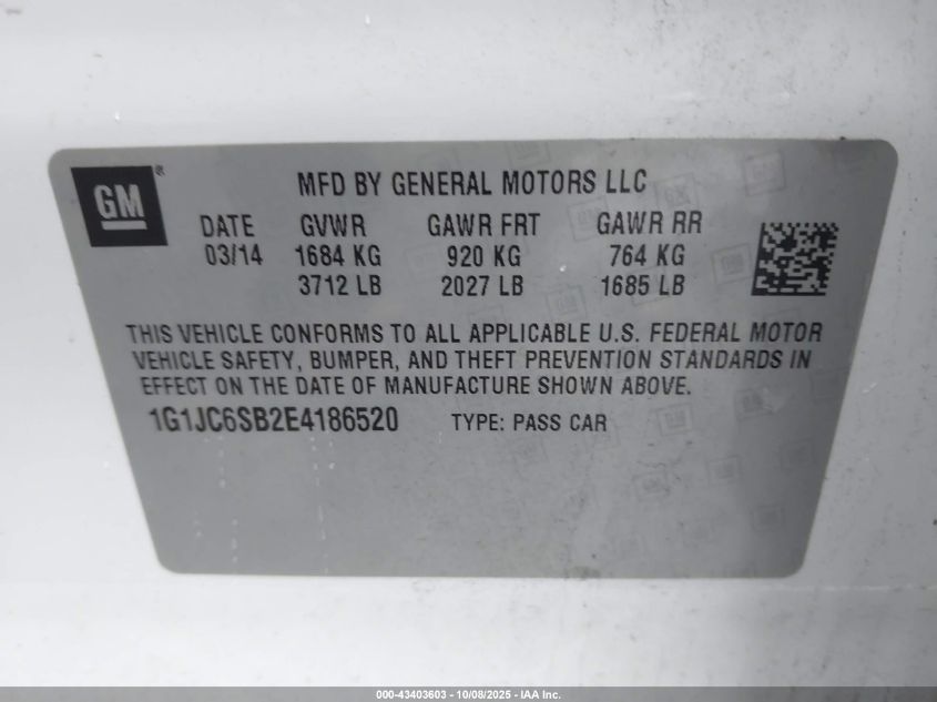 2014 Chevrolet Sonic Lt Auto VIN: 1G1JC6SB2E4186520 Lot: 43403603