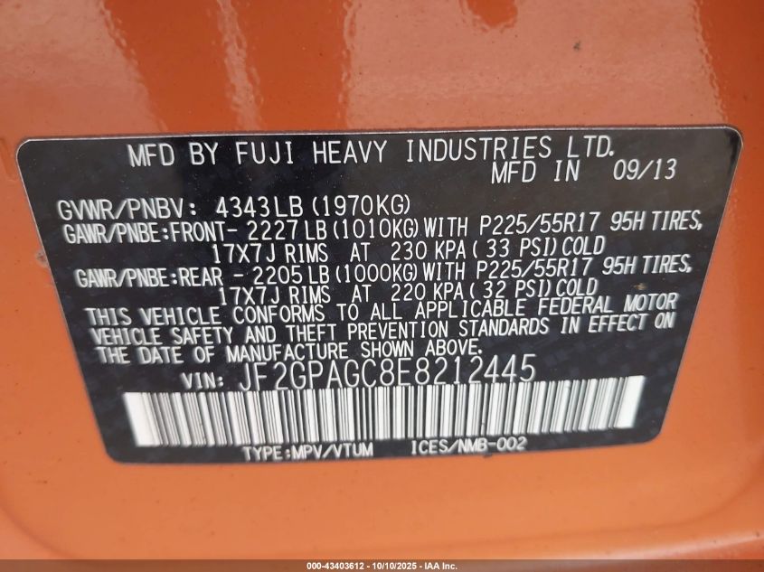 2014 Subaru Xv Crosstrek 2.0I Limited VIN: JF2GPAGC8E8212445 Lot: 43403612