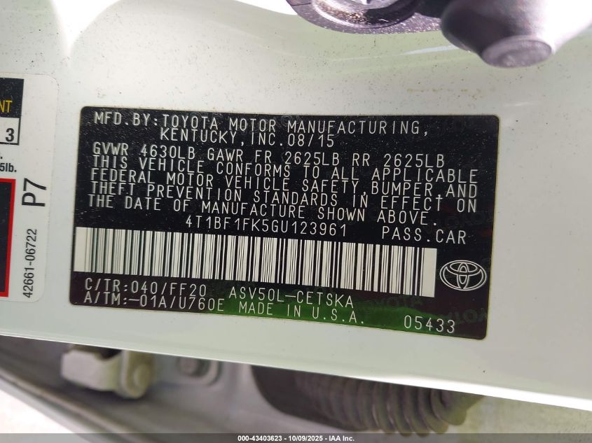 2016 Toyota Camry Se VIN: 4T1BF1FK5GU123961 Lot: 43403623