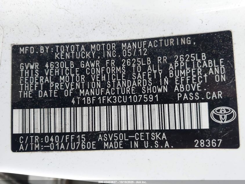 2012 Toyota Camry Se VIN: 4T1BF1FK3CU107591 Lot: 43403627