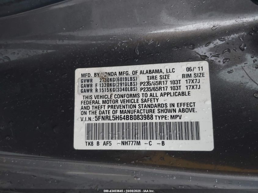 2011 Honda Odyssey Ex-L VIN: 5FNRL5H64BB083988 Lot: 43403645