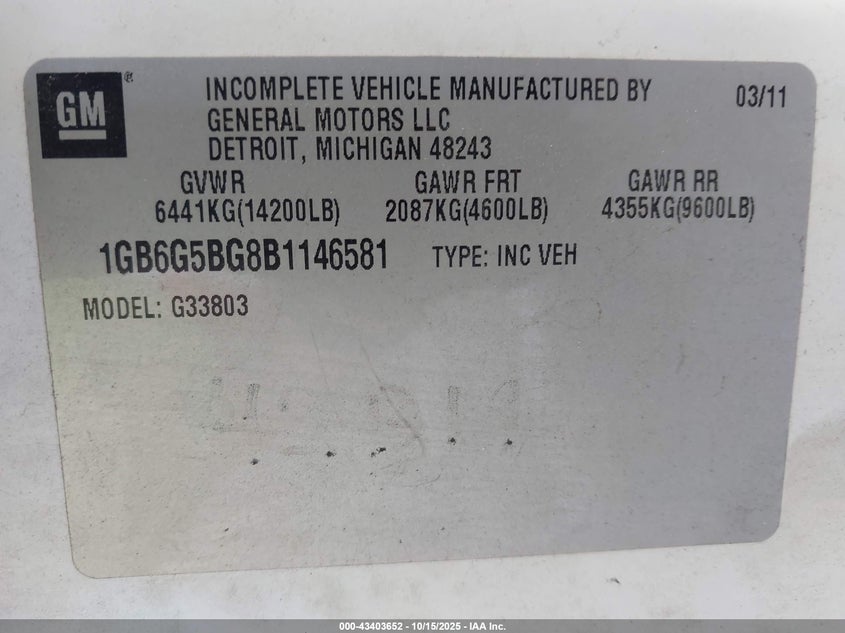 2011 Chevrolet Express Cutaway 4500 Series VIN: 1GB6G5BG8B1146581 Lot: 43403652