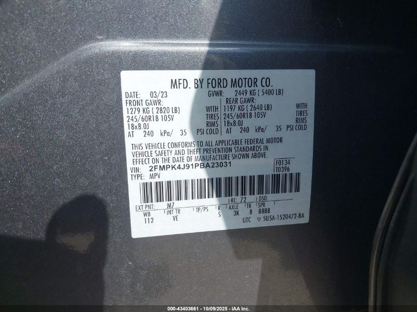 2023 Ford Edge Sel VIN: 2FMPK4J91PBA23031 Lot: 43403661