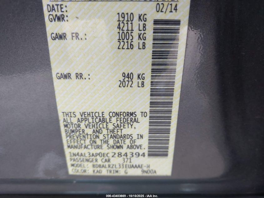 2014 Nissan Altima 2.5 S VIN: 1N4AL3AP0EC284394 Lot: 43403669