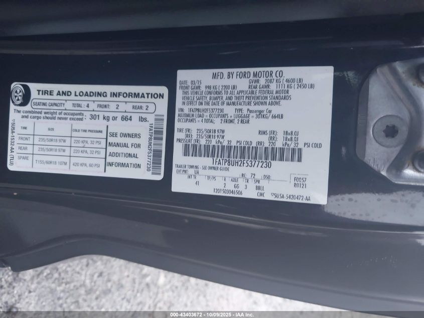 2015 Ford Mustang Ecoboost Premium VIN: 1FATP8UH2F5377230 Lot: 43403672