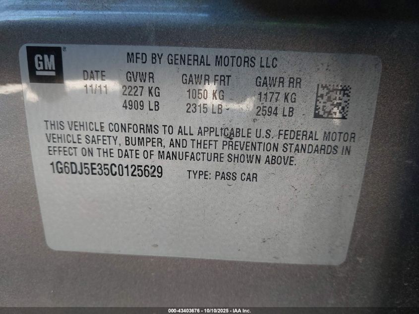 2012 Cadillac Cts Performance VIN: 1G6DJ5E35C0125629 Lot: 43403676