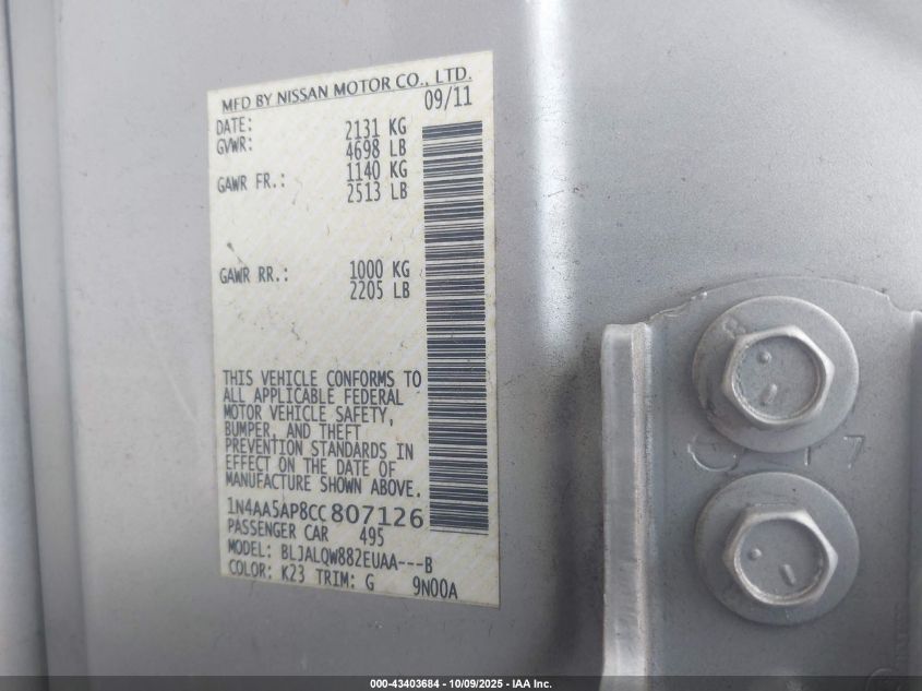 2012 Nissan Maxima 3.5 S VIN: 1N4AA5AP8CC807126 Lot: 43403684